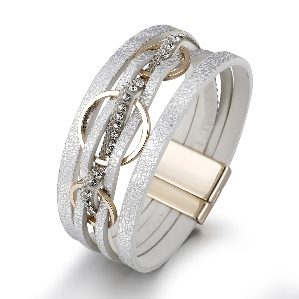 Bohemian Braided Leather Fashion Bracelet for Women Handmade Rhinestone Charm Wrap Bangle Jewelry