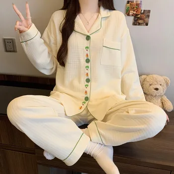 لطيف تطريز أنيق تصميم منامة مجموعة امرأة Harajuku نمط Kawaii طويلة الأكمام المرأة منامة الخريف الشتاء ملابس خاصة جديدة 6