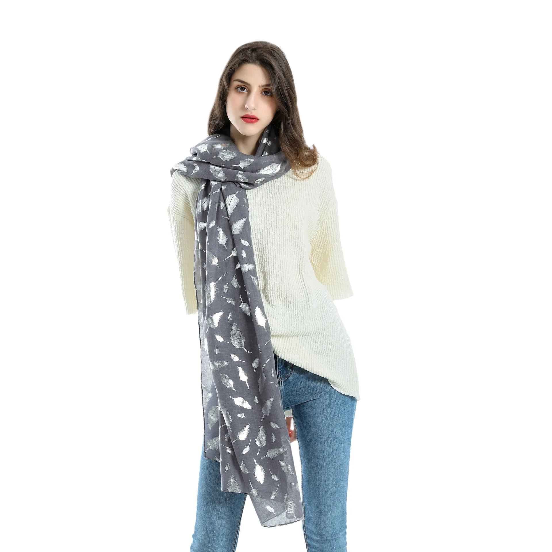 

Literary bronzing silver leaves solid color cotton hemp scarf simple comfortable shawl