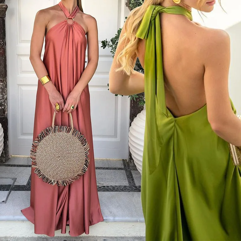

SKMY 2024 Spring New Women Clothing Solid Color Elegant Evening Party Fashion Loose Halter Neck Lace-Up Open Back Long Dresses