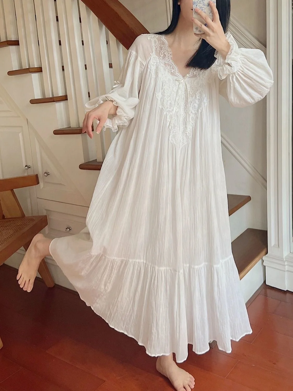 French Court-Style Sweet Princess-Inspired Long-Sleeve Nightgown for Women: New Spring/Fall Collection with Luxurious Lace Trim 5