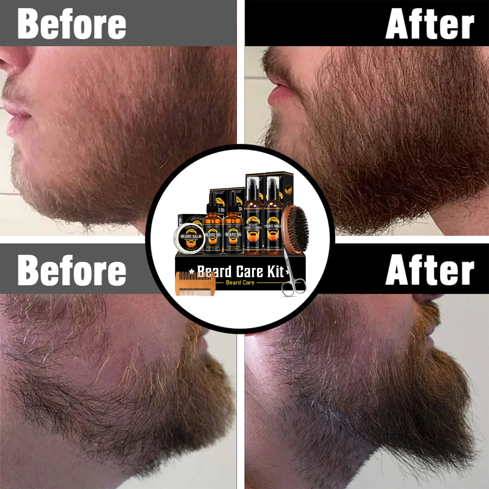 Beard Care Kit for Men, Wash Conditioner Beard Oil and Balm with Comb Brush and Scissors, Sandalwood Scented, Perfect Gift for Men