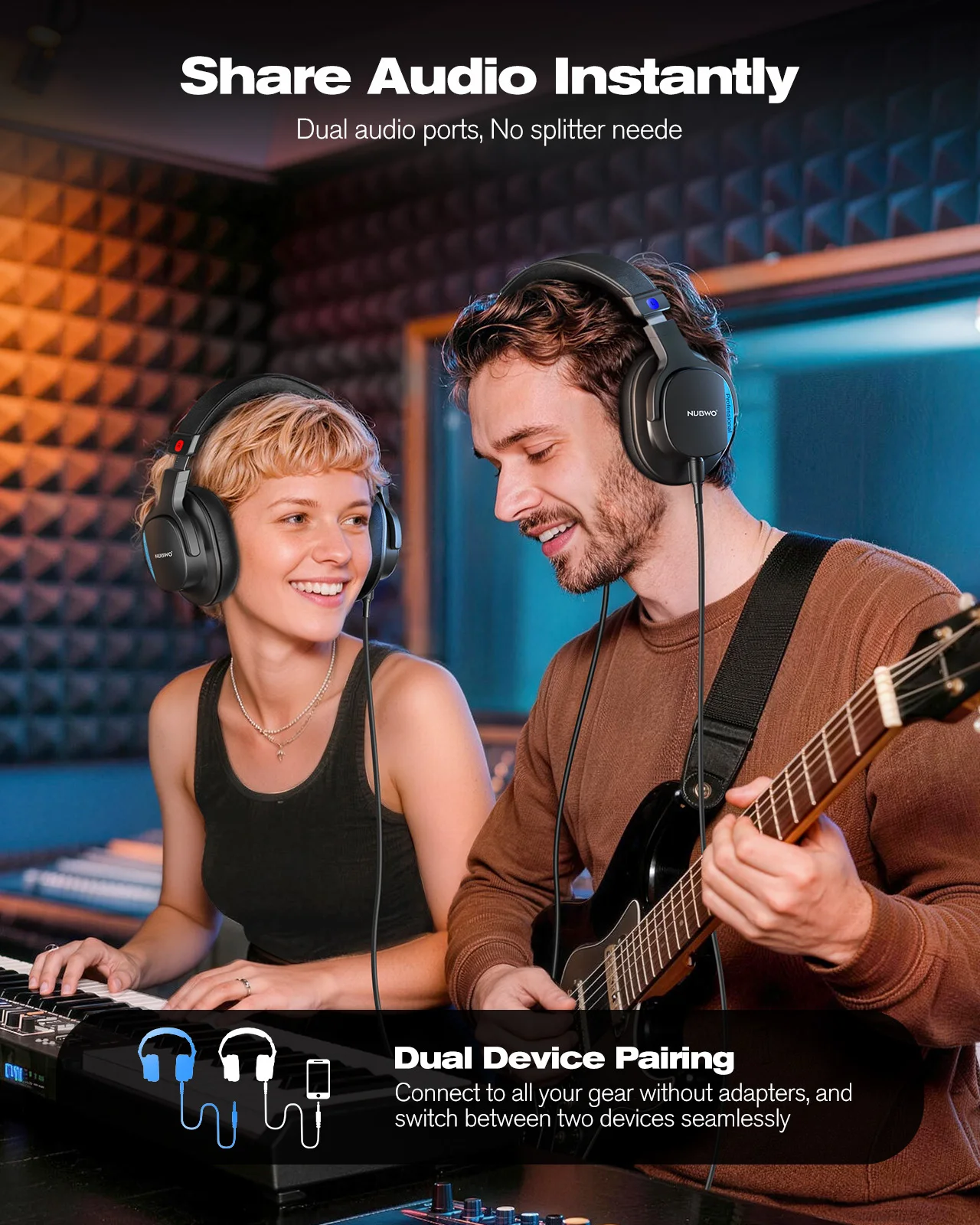 Cuffie professionali NUBWO HD01 per monitoraggio da studio, auricolari chiusi over-ear per mixaggio audio, registrazione e ascolto critico - immagine 2