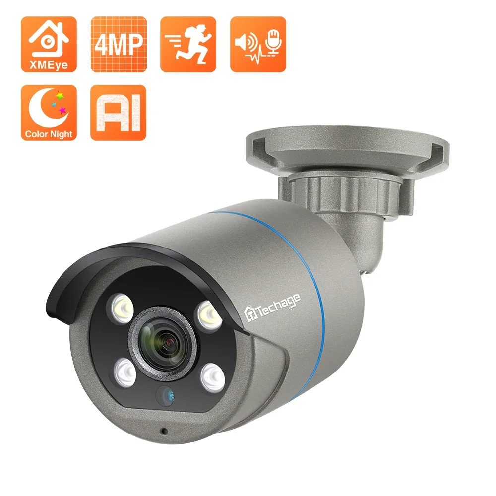 Techage 4MP PoE IP Camera Outdoor Waterproof Home Security Camera P2P Video Surveillance Audio Recording for H.265 CCTV System