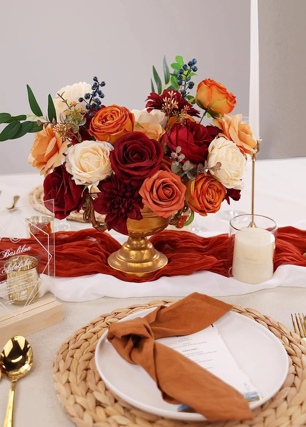 Yannew Burnt Orange Künstliche Rosen Blumen-Combo-Box-Set für DIY Herbst Herbst Boho Hochzeit Brautstrauß Arrangement Dekoration – Detail 7