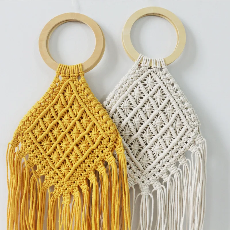 

Bohemian Tassl Hand-woven women handbags cotton rope woven net bag Wood Handle Straw Bags For Women Summer Weave Beach Hand Bags