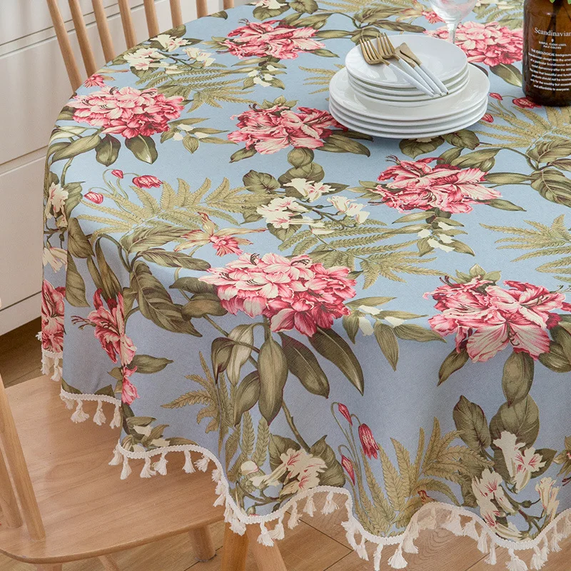 

American Style Round Tablecloth Tassel Printing Tablecloth Dustproof Cover for Pastoral Home Wedding Party Restaurant Decoration