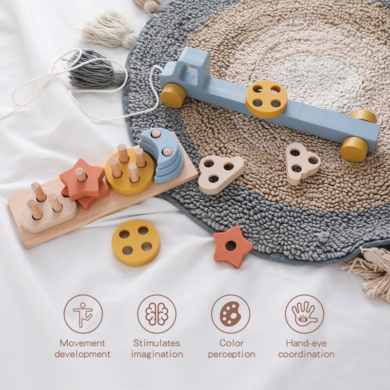 Wooden Baby Toy  Wooden Trailer  Babies Learn Cognitive Toy  Hand And Foot Coordination Toy  Color Recognition Toy  Silicone Toy 4