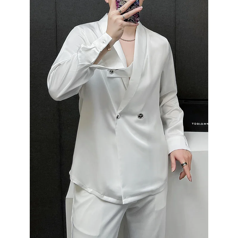 

Suit Collar French Double Breasted Shirt Men Long Sleeved Solid Color Loose Fitting Korean Style Handsome Clothes Spring Autumn