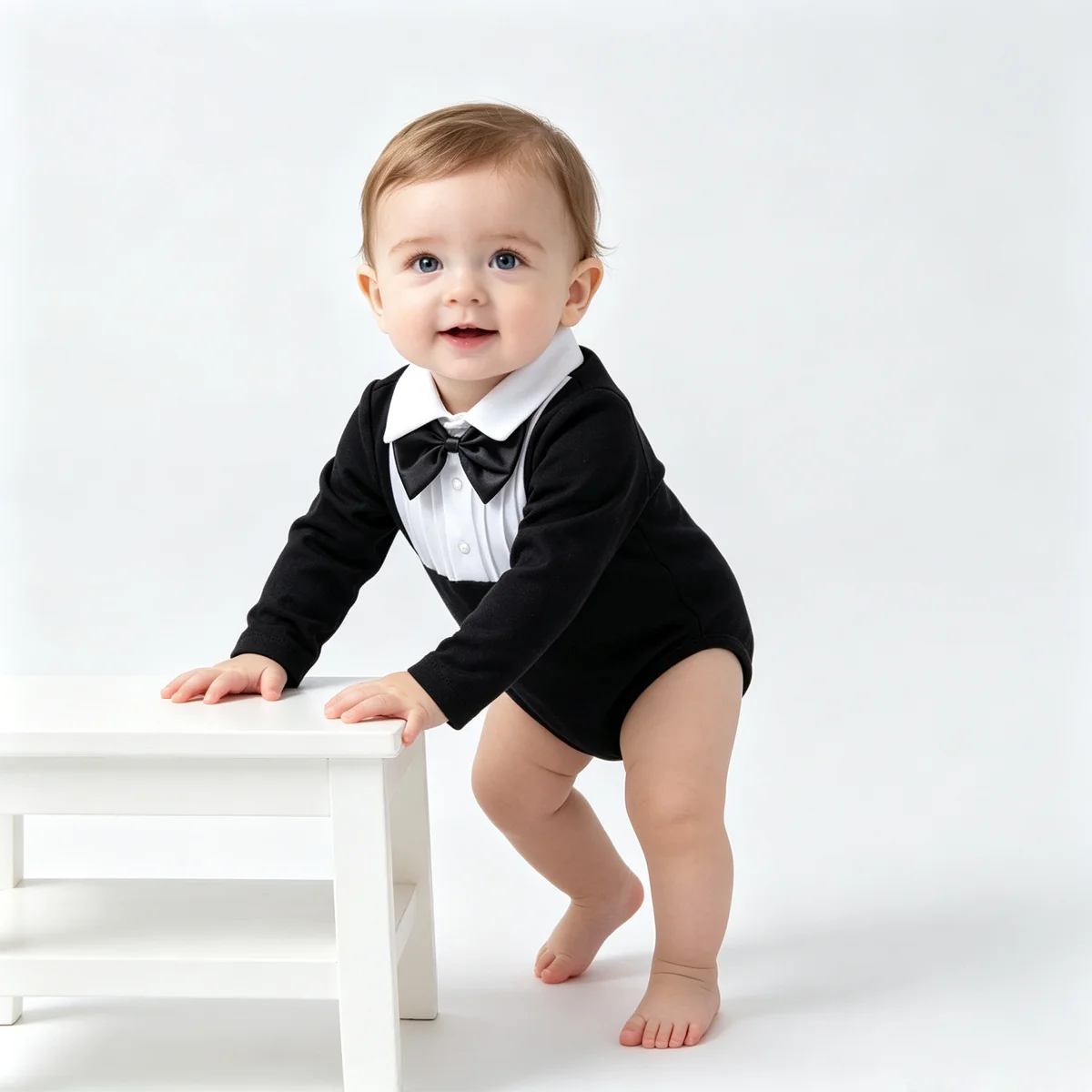 Body Elegante Nero e Bianco per Neonato con Papillon e Maniche Lunghe, Tutina da Gentiluomo per Battesimo, Feste e Servizi Fotografici - immagine 3