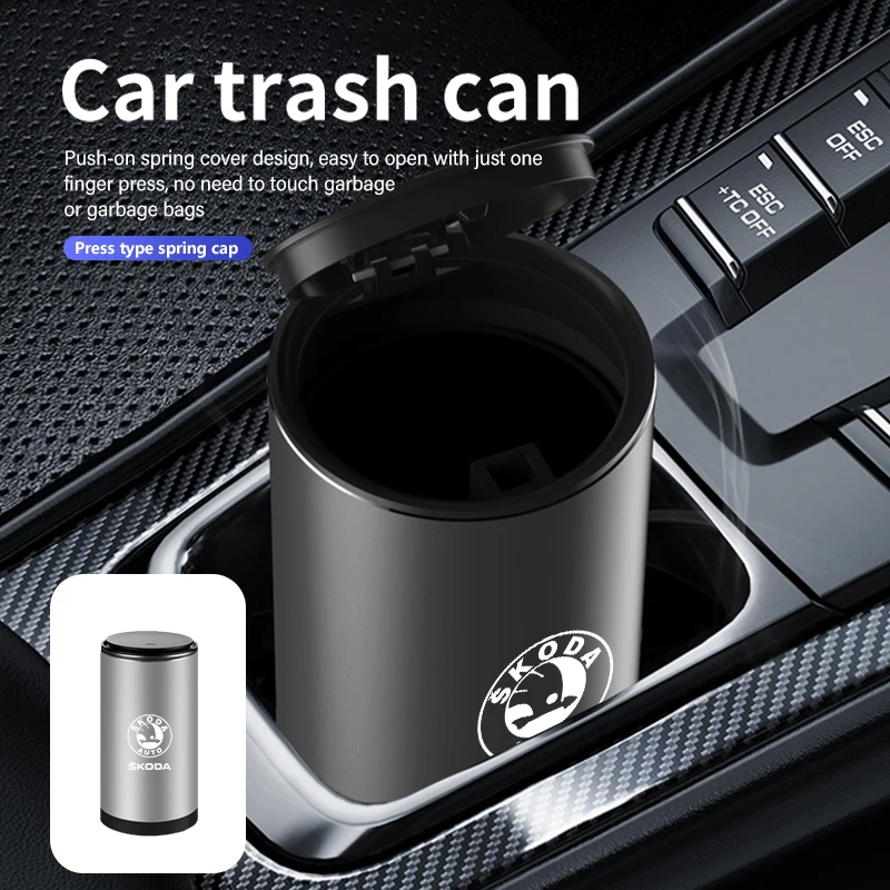 Car Trash Can Dust Storage Box Alloy Organizer Garbage Bin for Skoda Octavia 2 3 Rapid Kodiaq Karoq Fabia Kamiq Superb
