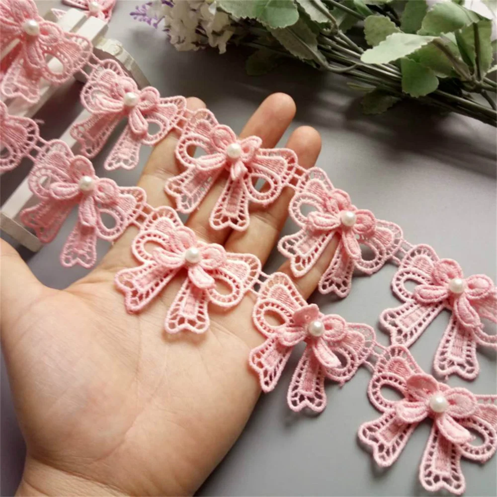 10x Pink Bowknot Pearl Embroidered Lace Trim Fabric Lace Ribbon Handmade DIY Sewing Supplies Craft For Clothes Decoration New