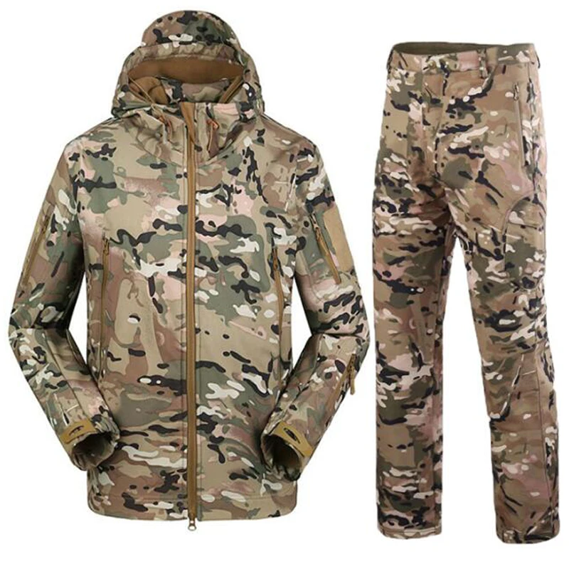 Hiking Jackets Outdoor Softshell Windbreaker Waterproof Camouflage Flight Militarmy Tactical Hooded Fleece Rain Jacket + Pants