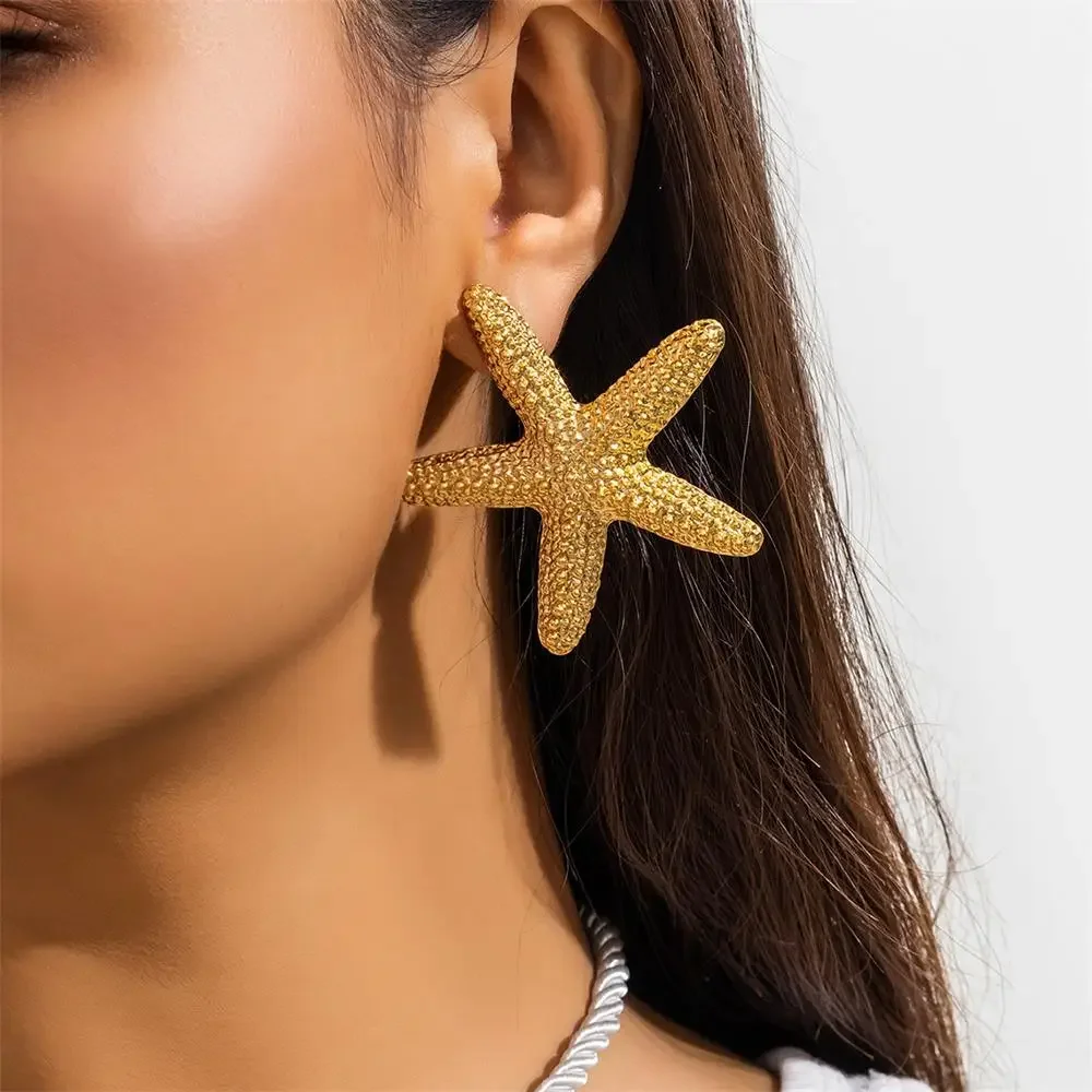 Bohemian Exaggerate Lava Textured Large Starfish Stud Earrings for Women Girls Summer Beach Star Statement Ear Buckle Jewellery