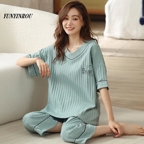 CAPRIS 여성용 꽃무늬 터키석 파자마 세트, 면 니트, 우아한 잠옷, 잠옷, 집 크기 5XL, 여름 2