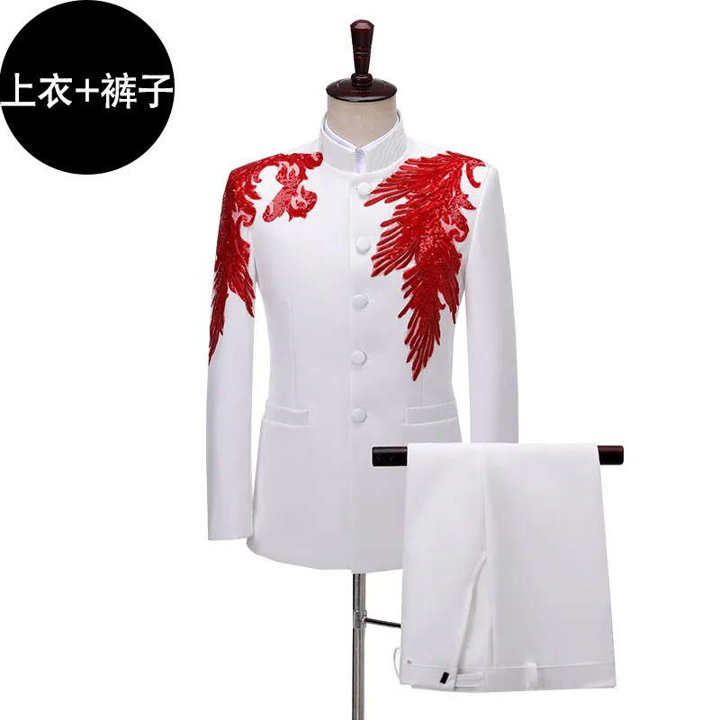 Gold Sequin Patchwork Men Suit Brand Stand Collar Single Breasted Wedding Party Stage Host Zhongshan Blazer And Pant 2 Piece Set