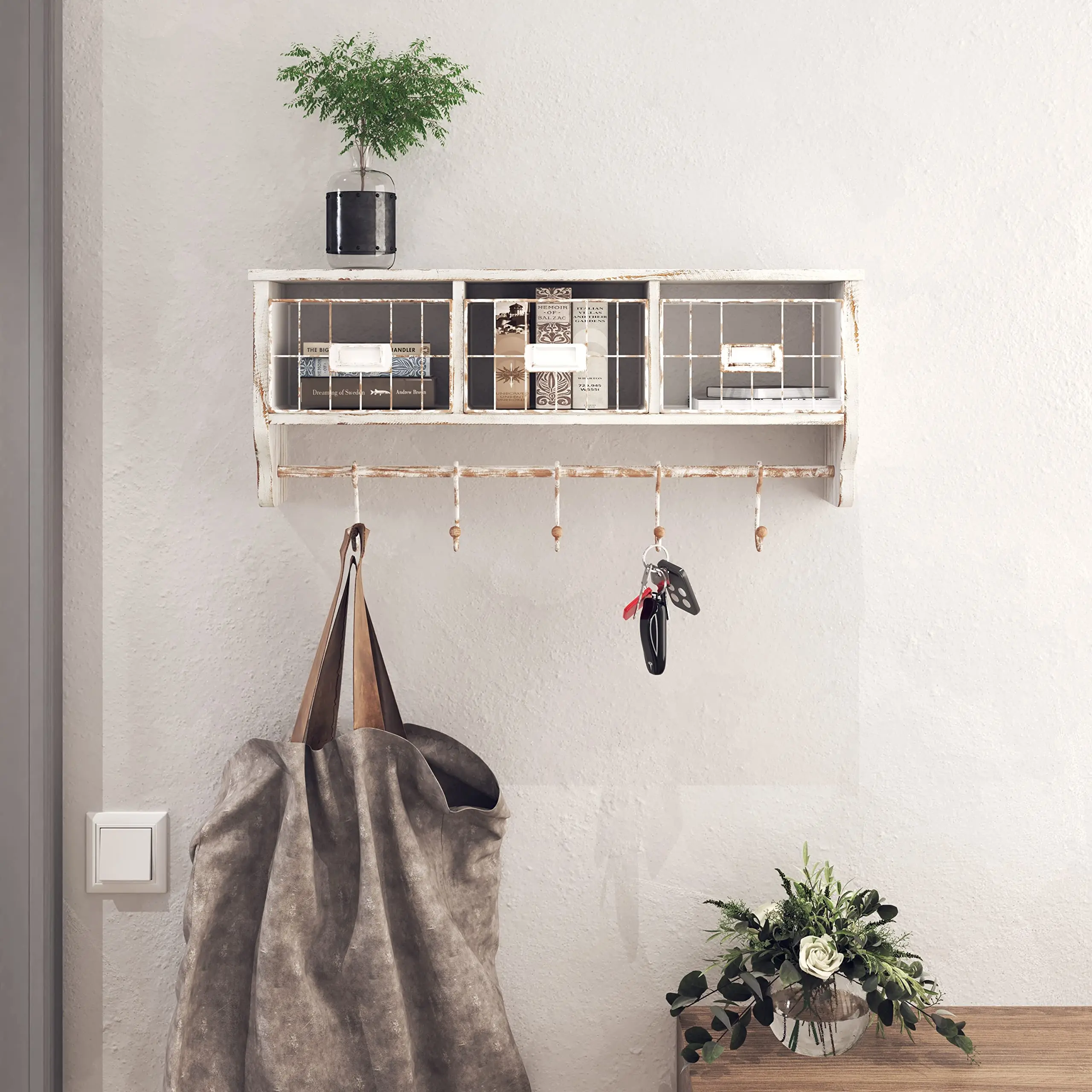 

Wall Mounted Shelf with Coat Hooks and Baskets, Solid Wood Entryway Organizer Wall Shelf with Hooks Rustic Blackwash 24" Wide