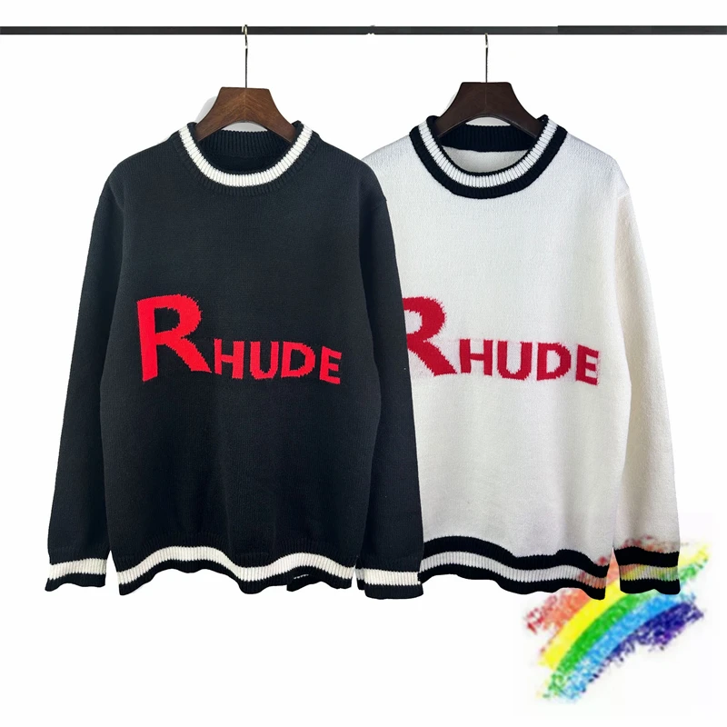 

Red Rhude Letter Jacquard Sweater Men Women 1:1 Best Quality Oversized Casual Sweatshirts