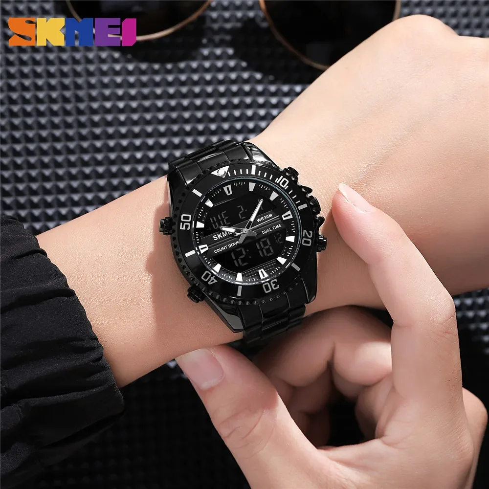 SKMEI 1850  Alarm Men Clock Waterproof Stainless Steel Relogio Masculino Dual Display Watches Mens Fashion Digital Wristwatches 3
