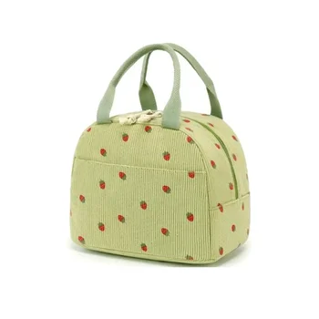 Strawberry Corduroy Insulated Lunch Bag Portable Thermal Food Pouch for School Work Picnic Camping Outdoor Picnic Bags