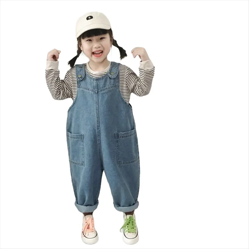 Spring Autumn Baby Girl Casual Denim Overalls Middle Small Children's New High Waist Denim Overalls Girls Fashion Loose Jeans