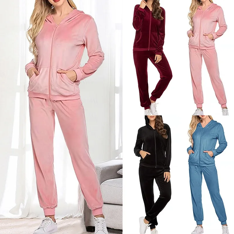 2022 Spring Velvet Sweatsuit Woman Zip Up Hoodies+pants Two Piece Sets Sweatshirt Jogger Tracksuit Sports Wear Casual Sport Suit |