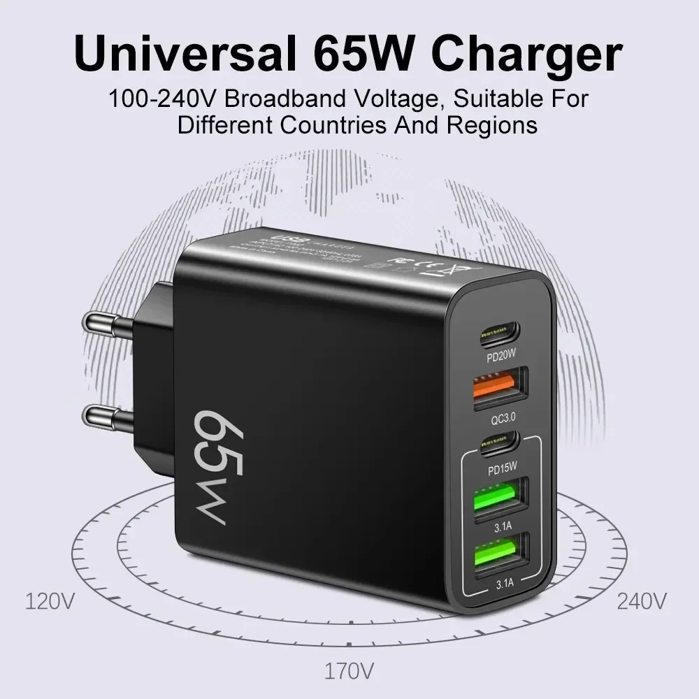 65W 5 Ports USB C Charger Fast Charging Phone Charger thumbnail 12