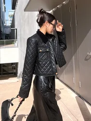Leather Jackets Women Winter 2023 Fashion POLO Collar Zipper Rhombic Cotton Tops Short Slim Lambskin Coat Veste Matelassée Femme