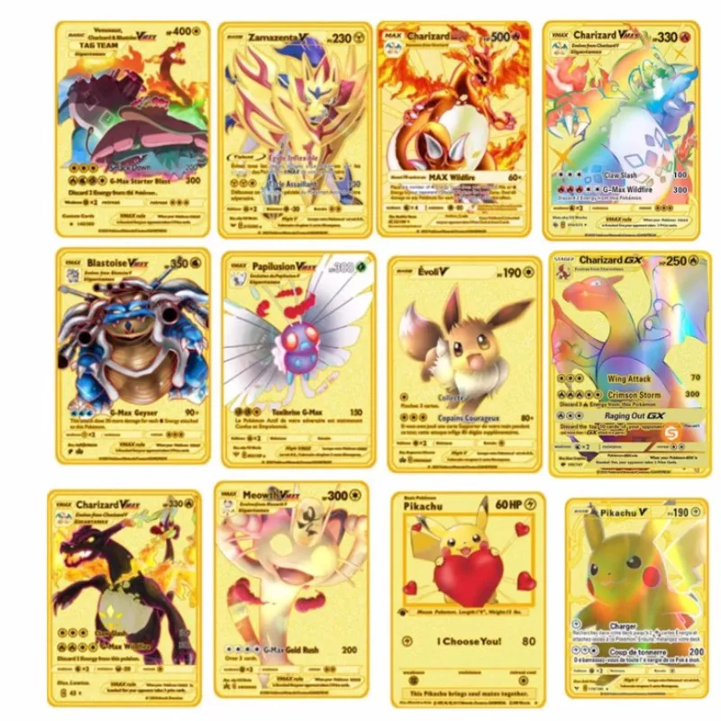 

Lot New Pokemon Card Metal Gold Silver Vmax GX Card Box Charizard Pikachu Rare Collection Battle Trainer Card Children Toy Gift