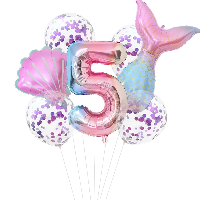 Mermaid Birthday Party Disposable Tableware Set Under The Sea Party Little Mermaid Girls 1st Birthday Decoration Shell Balloons 7pcs number5 set