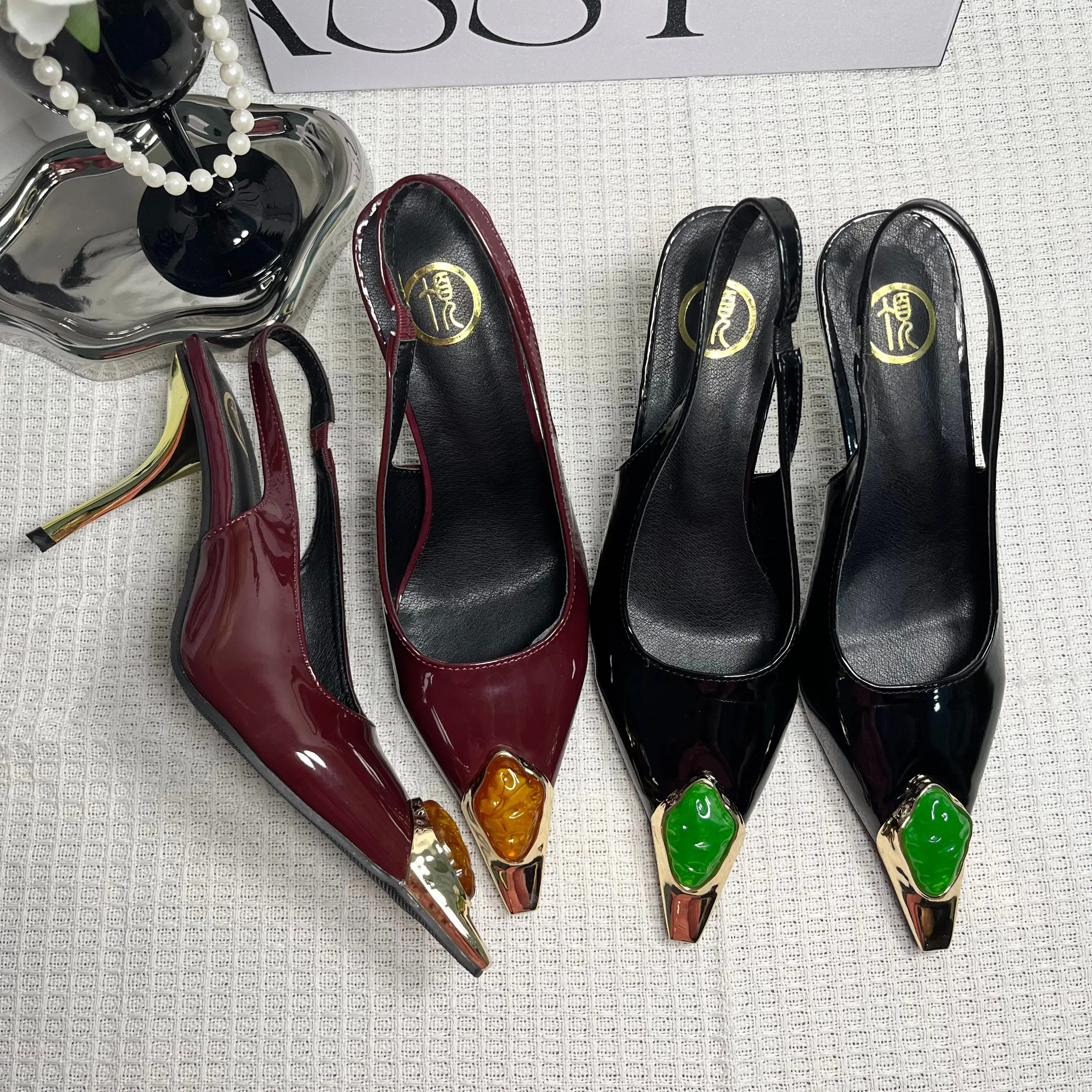 Party Dress Women Heels Pumps Shoes Female Slingbacks Footwear Designer Fashion Metal Pointed Toe Ladies High Heels Shoes