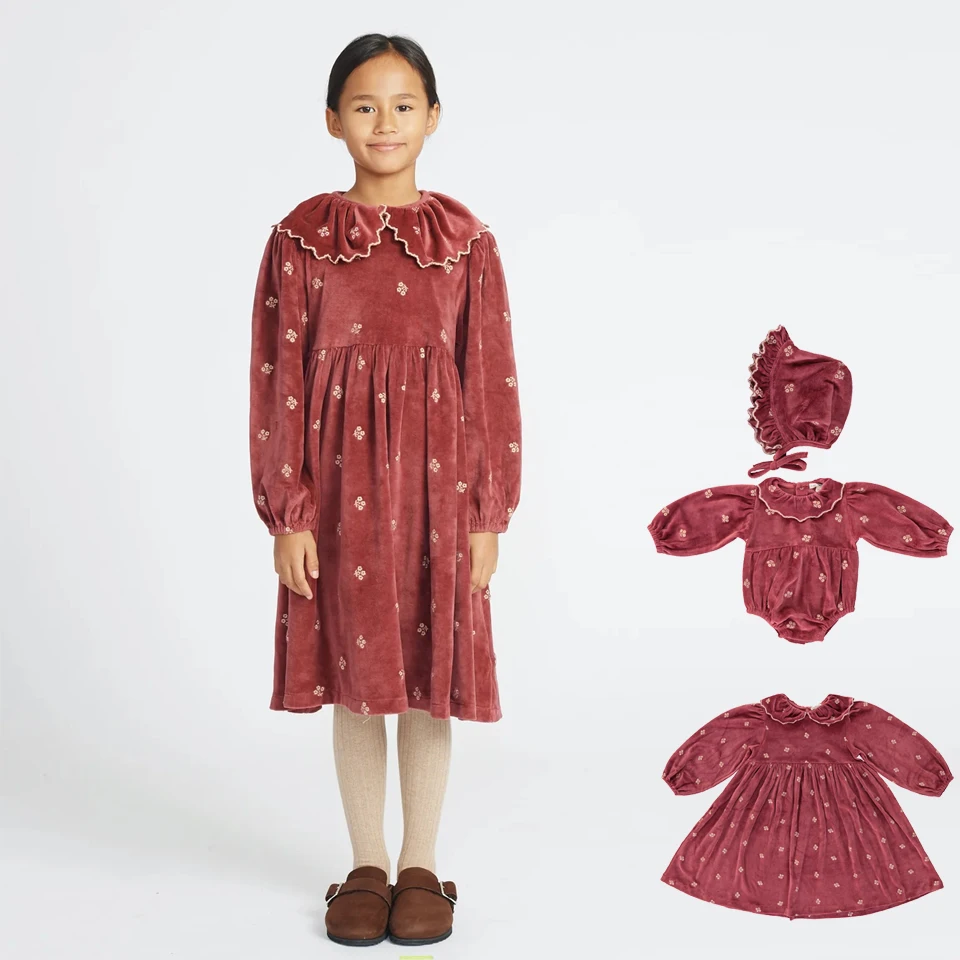 Autumn and winter New bebe-organic Kids Velvet Dress Newborn Birthday Party Velvet jumpsuit Children Long-sleeved dress Baby hat