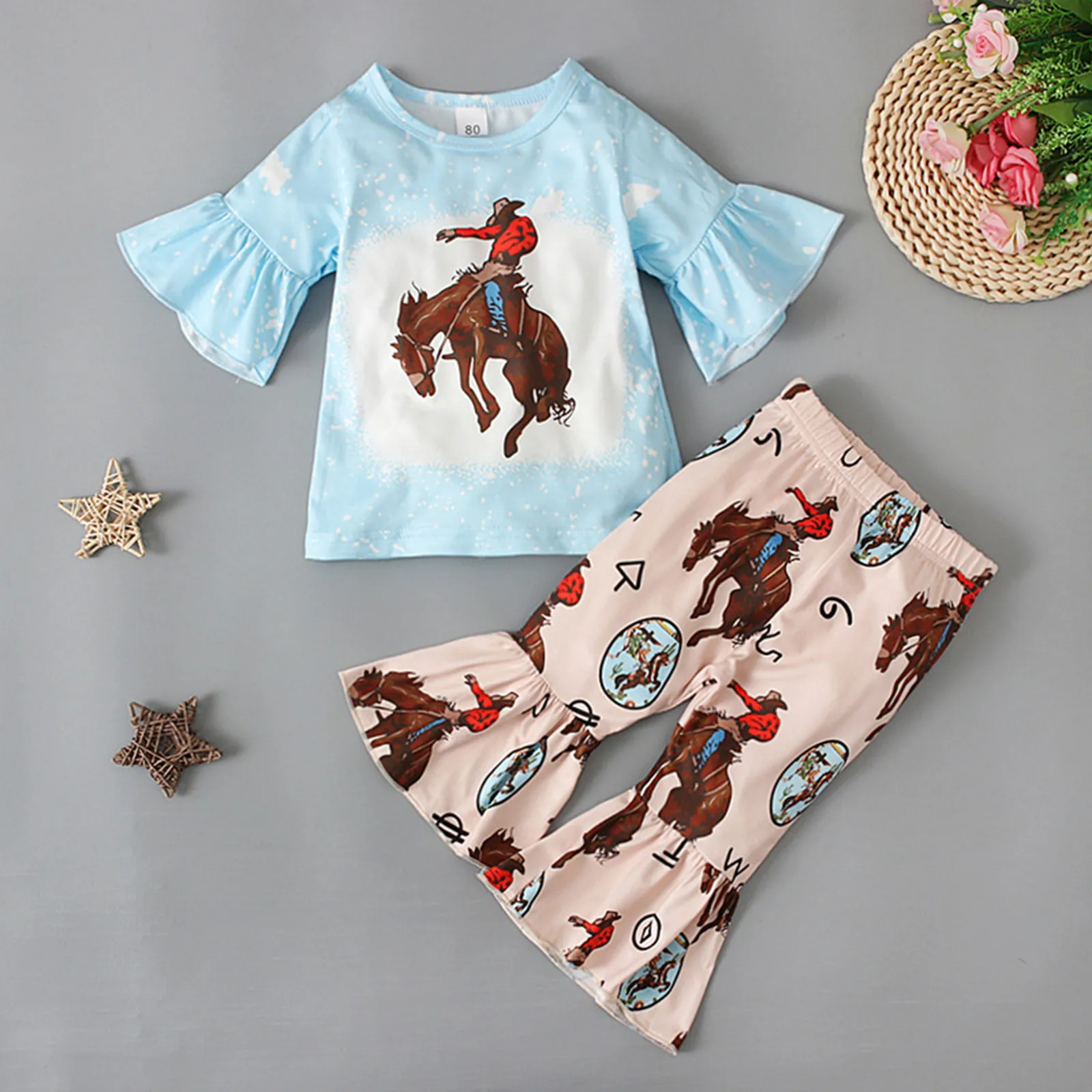 

2Pcs Toddler Girls Clothes Sets Ruffled Short Sleeves TShirt Tops+Flared Pants Print Two Piece Outfits Sets For Girls 1 2 3 4 5Y