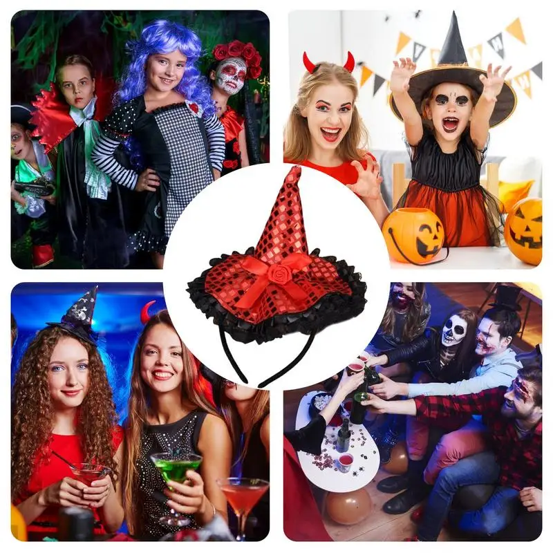 Witch Hat Headband Hat Hoop Band Sequins Lace Halloween Headbands Elegant Headwear Hair Hoop Costume For Halloween Christmas