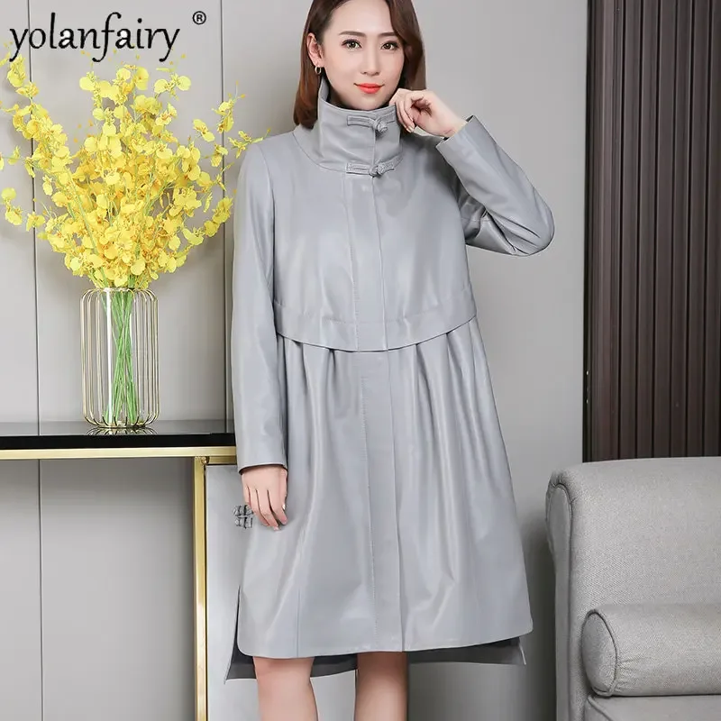 Genuine Leather Coat Women Trenchcoat Natural Sheepskin Jacket Female Extra Large Midium Loose Korean Stand Collar Outwear 8XL F