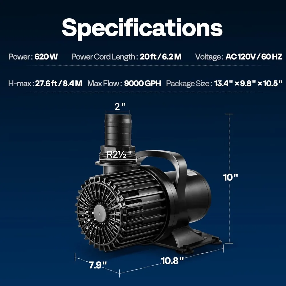 620W 9000GPH Submersible Water Pump for Koi Pond Pool Waterfall Fountains Fish Tank Aquarium Hydroponic