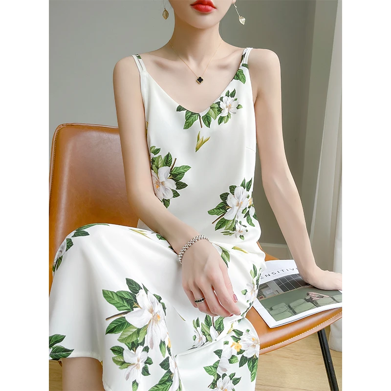 

Suspender Dress Female Summer Wear Printed Long Skirt Silk-Like High-Quality Satin Bottoming A-Line Skirt