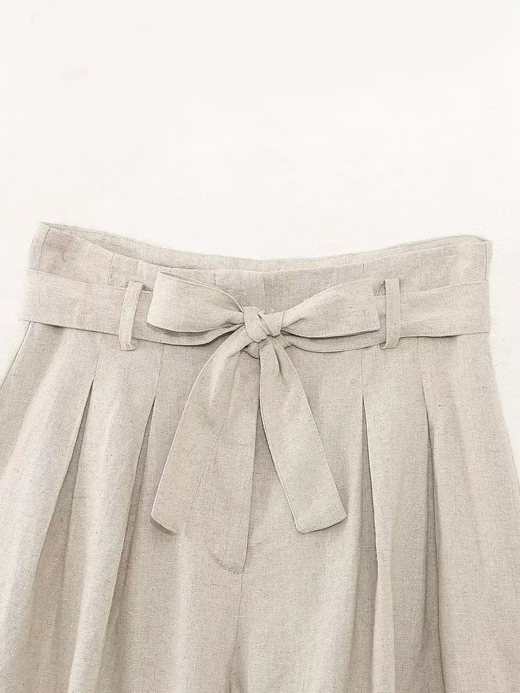 Jenny&Dave Belted Ladies Loose Bermuda Women French Country Linen Beige Lounge Shorts