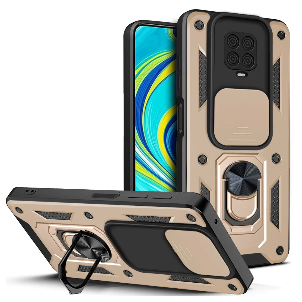 Shockproof Armor Case with Ring Holder and Slide Lens Protector