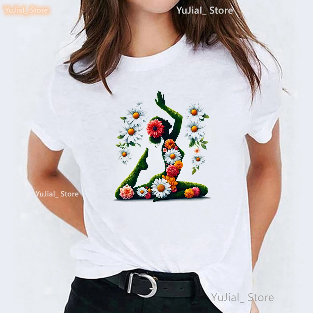 Blumen Yoga Schmetterling Druck T-Shirt Mädchen Meditation T-Shirt Frauen ästhetische Kleidung lustige T-Shirt weibliche Streetwear – Detail 6