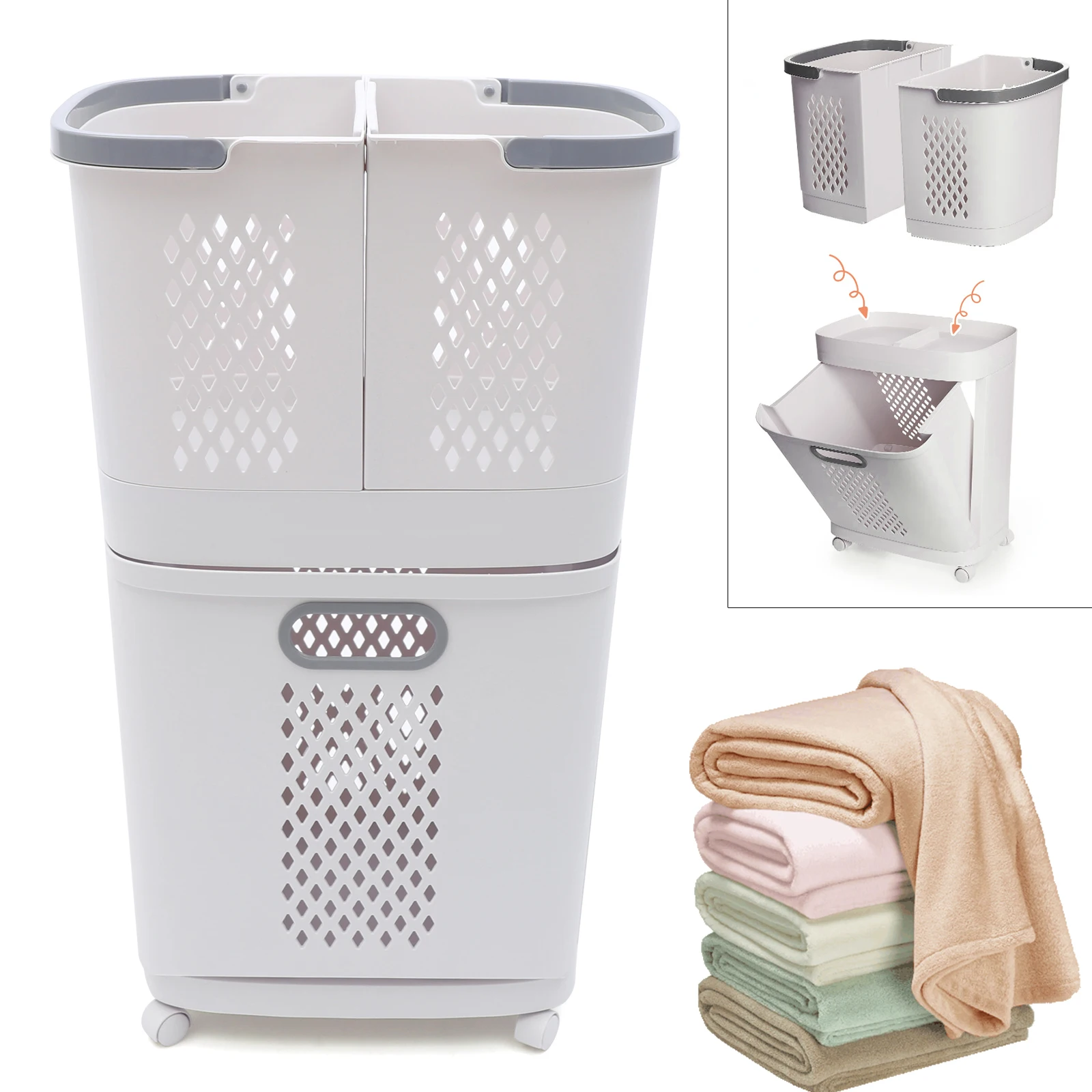 Laundry Basket Organizer with 3 Detachable Hampers, Wall-Mountable Storage Bins, Stylish Grey-White Design