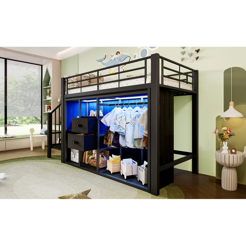 90 * 200 cm großes Etagenbett, mit 2 Schubladen und offenem Kleiderschrank, mehrfarbige LED-Beleuchtung, mehrere Ablagefächer (ohne Matratze) – Detail 18