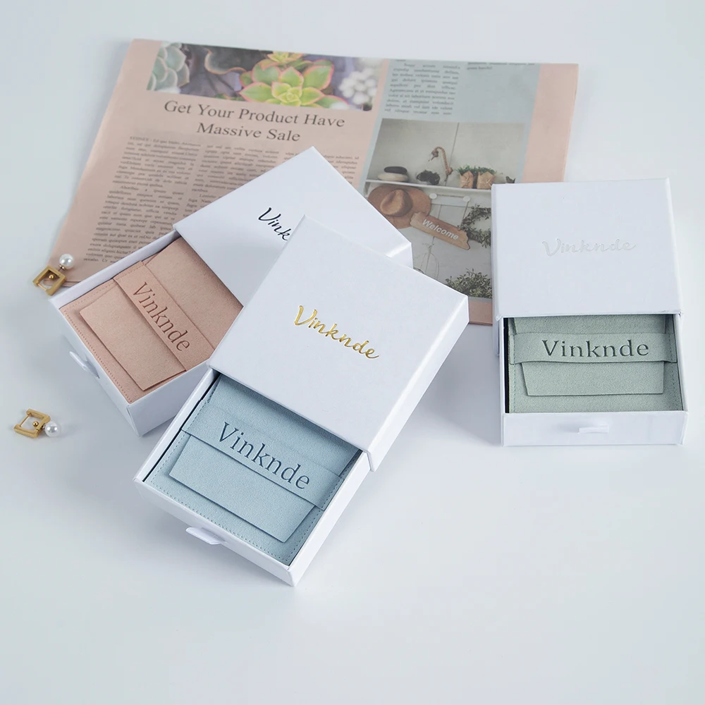 24/50/100Sets 9x9x2.5cm White Drawer Paper Jewelry Box Inside with 8x8cm Microfiber Strip Gift Wedding Bag Can Personalized Logo