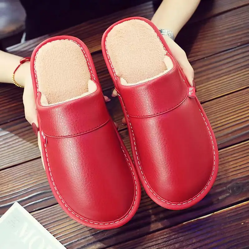Large Size 35-46 Indoor Slippers For Men Winter Home Slippers Short Plush Leather Shoes Unisex Warm Women Fashion non slip slippers leather sandals plush slippers leather casual shoes