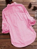 Plus Size Plaid Women's Cotton Linen Long Sleeves Roll Up Striped Casual V Neck Button Down Shirts Blouses Collar Tunic Tops - Image 3