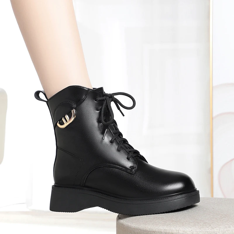 AIYUQI Women's Winter Boots Wedge 2024 New Natural Wool Warm Ladies Short Boots British Style Women's Motorcycle Boots