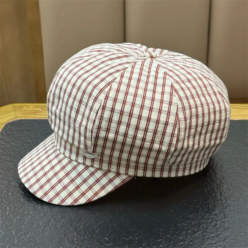 Frühling Sommer Vintage Gestreifte Achteckige Baskenmütze Damen Newsboy-Kappe Breite Krempe Lässige Vielseitige Dünne Süße Mütze – Detail 11