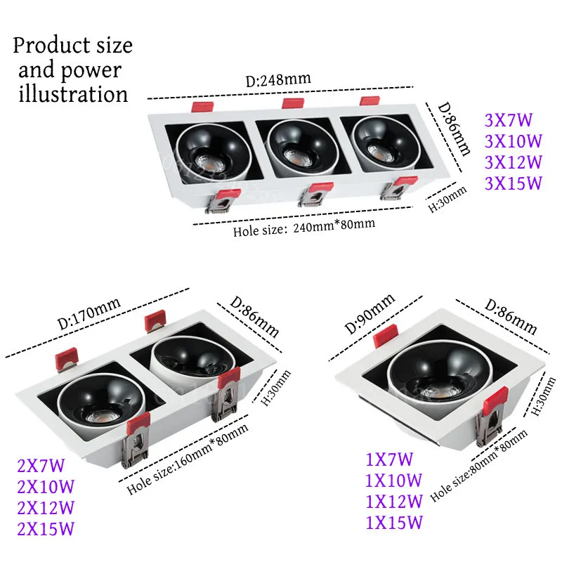 초박형 임베디드 LED 통 눈부심 방지 천장 조명 AC90-260V 사각형 조절 가능 COB 스포트라이트 화이트/블랙 도매