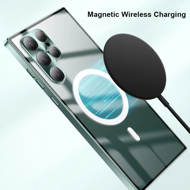 Magnetic wireless charging case for Samsung Galaxy S22 Ultra S23 S24 Plus 1 S20 FE Metal bumper aluminum transparent phone case