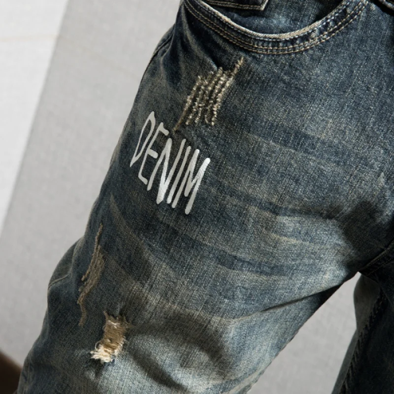 Summer Fifth Jeans Men's Printing Stylish Straight Slim Fit Street Trend RetroinsFashion Holes Men's Shorts